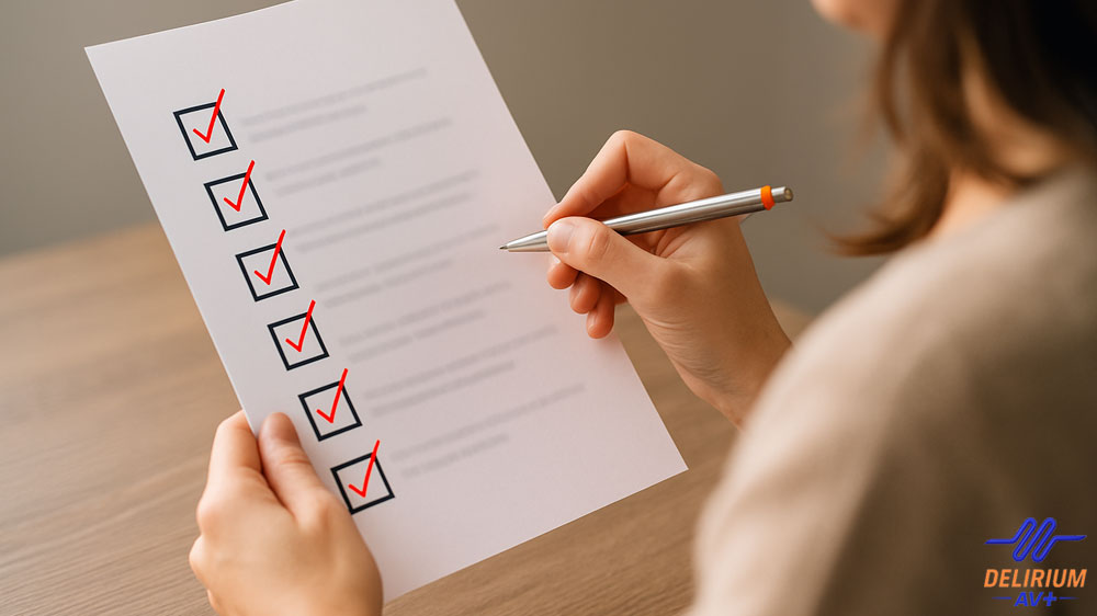 Une femme qui fait la checklist pour son achat d'audio usagé.