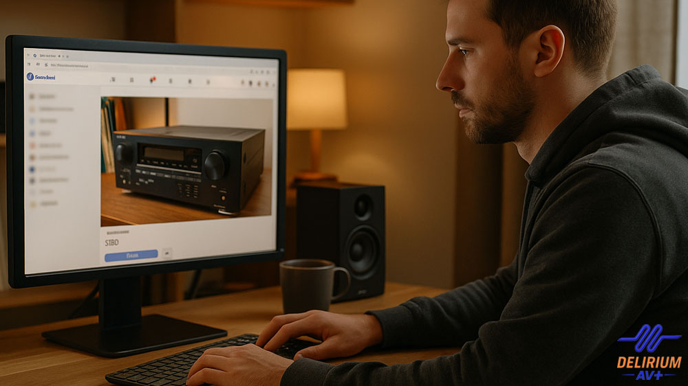 Homme magasinant un récepteur audio maison usagé sur Marketplace.